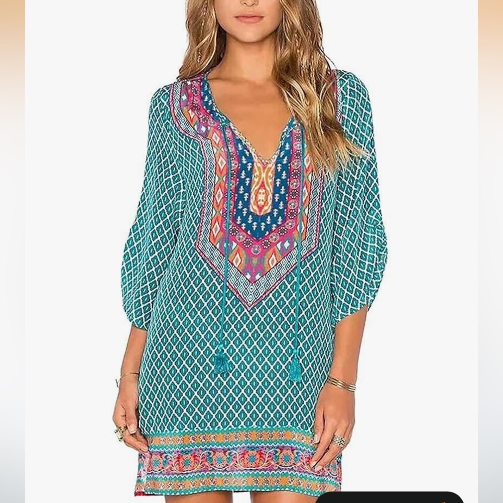 Boho Teal Tunic with Multicolor Color Shift  - Dress or Cover Up